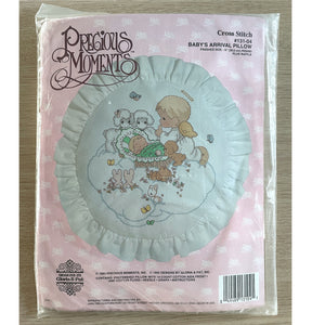 Precious Moments Counted Cross Stitch Kit Baby's Arrival Round Keepsake Pillow with Ruffle Nursery Crib Shower Gift Vintage