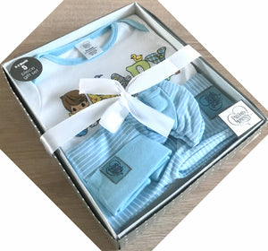 Precious Moments Baby Boy 5pc Blue Layette Clothing Gift Set 0-3 Months - Blue Striped Hat Mittens Booties One-Piece / Onesie & Pants Baby Shower