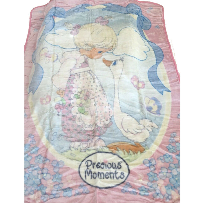 Vintage 2005 New Rare Luxury Large Twin/Full Precious Moments Pink Little Girl With Goose Blanket Royal Plush Raschel Mink High Pile Throw 60" x 87" Thick Velvet Minky Classic Original