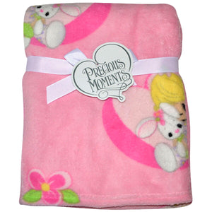 Precious Moments Girl Plush Soft Fleece Crib Baby Blanket Nursery Pink or White Baby Shower Gift Girl with Bunny, Lamb, or Moon
