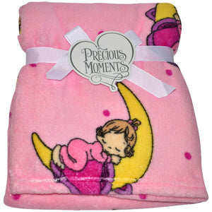 Precious Moments Girl Plush Soft Fleece Crib Baby Blanket Nursery Pink or White Baby Shower Gift Girl with Bunny, Lamb, or Mooon