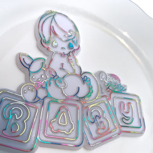 Vintage Precious Moments Baby Shower Cake Topper Plastic 3 3/4" x 3 1/2" New Baby Arrival Plaque Decor Bunny Turtle BABY Alphabet Letter Blocks