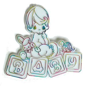 Vintage Precious Moments Baby Shower Cake Topper Plastic 3 3/4" x 3 1/2" New Baby Arrival Plaque Decor Bunny Turtle BABY Alphabet Letter Blocks