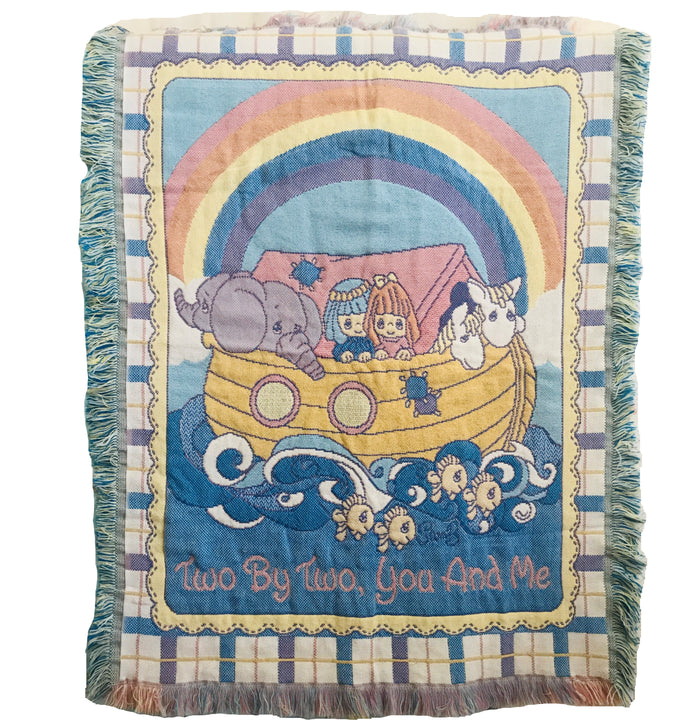 Precious Moments Noah's Ark Baby Blanket Woven Jacquard Crib Nursery Throw Two By Two 32" X 43" Keepsake Gift Vintage