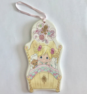 Precious Moments Girl with Teddy Bear Christmas Porcelain Ceramic Ornament Gift Tag - Visions of Sugarplums Vintage Collectible 2005