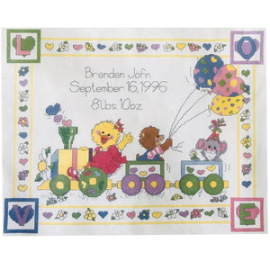Vintage Suzy's Zoo Baby Animals with Balloons Train Ride Counted Cross Stitch Kit or PDF Chart Pattern Instructions Keepsake Baby Birth Announcement Sampler Janlynn 1996