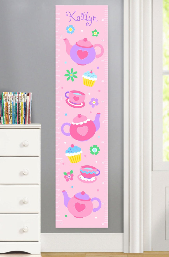 Pink Tea Party Personalized Kids Height Growth Chart Cupcakes Teapots - Canvas or Self-Adhesive