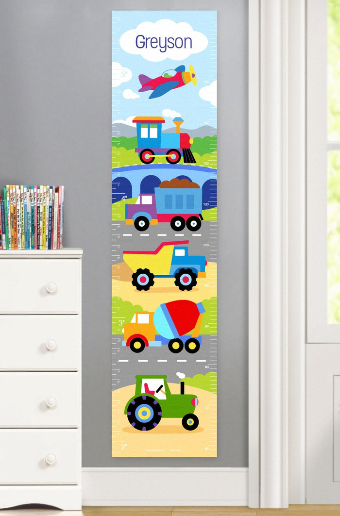 Train Air Plane Construction Trucks Height Kids Personalized Growth Chart Self-Adhesive or Canvas