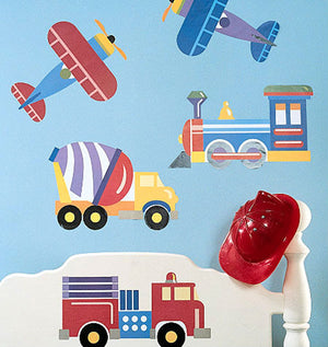 Trains Planes Airplane Fire Trucks Theme Wall Decals 5 PC Wall Mural Olive Kids Vintage Pre-Pasted Wallies Room Decor