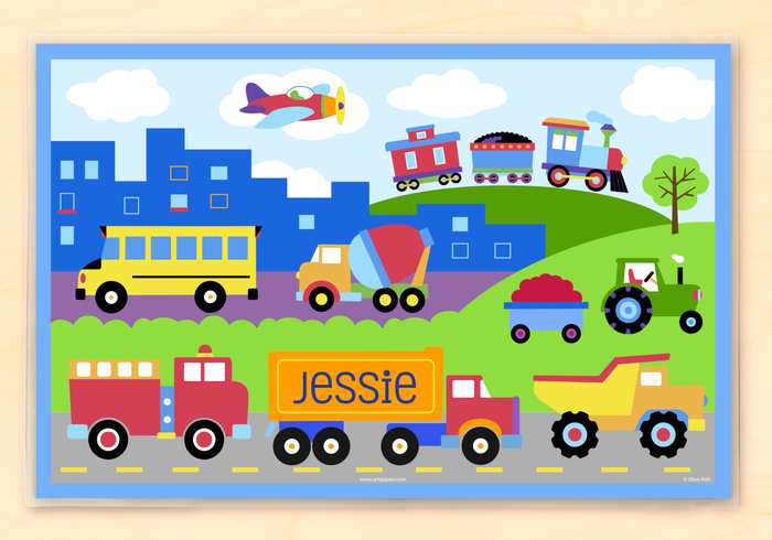 Trains Planes Trucks Kids Personalized Placemat 18" x 12" with Alphabet