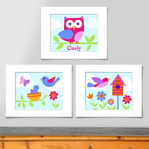 Spring Birds Nests & Owl Kids Wall Art Prints Personalized - Set of 3