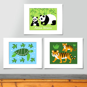 Wild Animals Personalized Wall Art Print - Se of 3 - Pandas Tigers Turtles