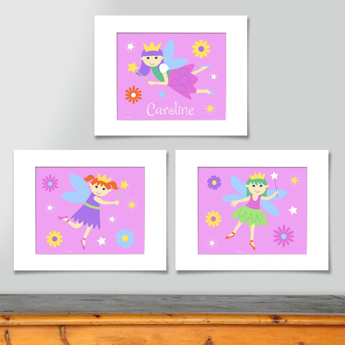 Pink Fairy Princess Personalized Kids Wall Art Print - Set of 3