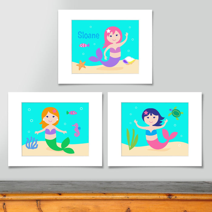 Mermaids Personalized Wall Art Picture Print - Set of 3