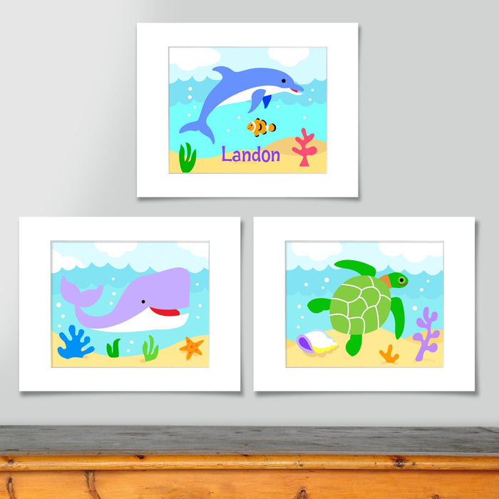 Ocean Fish Kids Wall Art Personalized Print - Set of 3 - Whale Dolphin Turtle