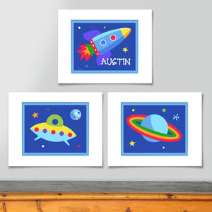 Outer Space Galaxy Wall Art Print Personalized - Set of 3 - Rocket UFO Saturn Planet