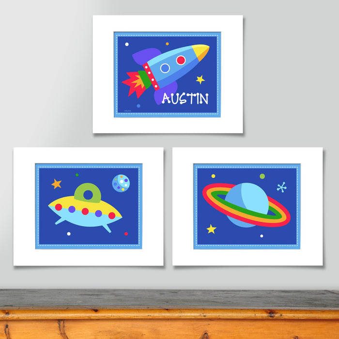 Outer Space Galaxy Wall Art Print Personalized - Set of 3 - Rocket UFO Saturn Planet