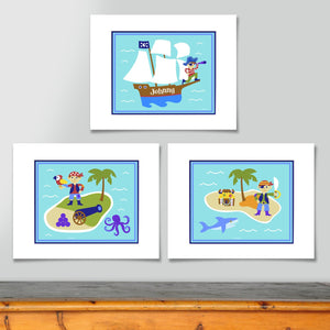 Kids Pirates & Pirate Ship Personalized Wall Art Print - Set of 3