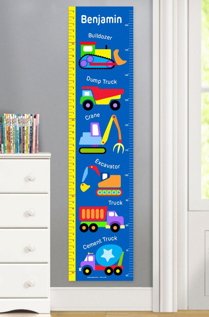 Kids Blue Construction Trucks Personalized Height Growth Chart Self-Adhesive or Canvas