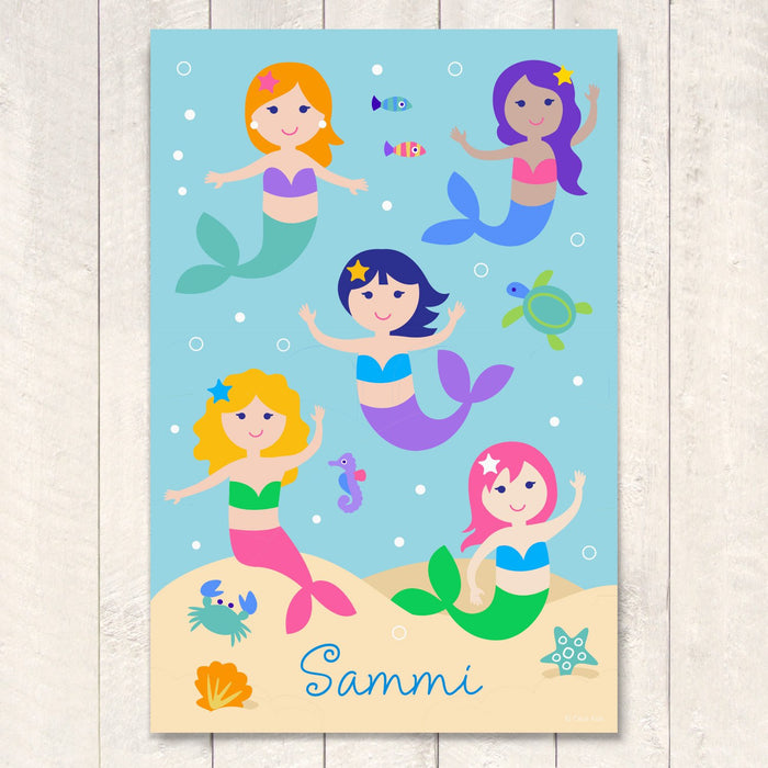 Sea Mermaids Personalized Kids Wall Art Print 12" x 18"