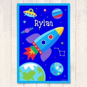 Outer Space Galaxy Rocket & Planets Personalized Kids Wall Art Print 12" x 18"
