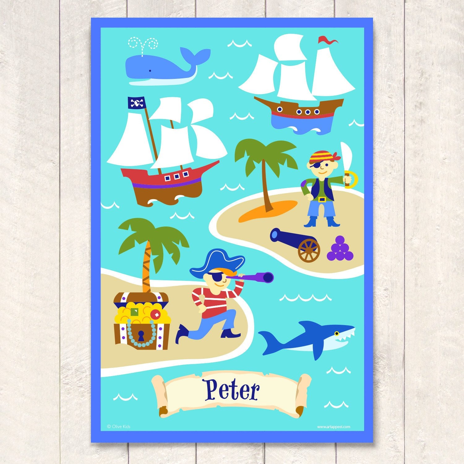 Pirates \u0026 Pirate Ships Personalized Kids Wall Art Print 12\, image size:1500x1500