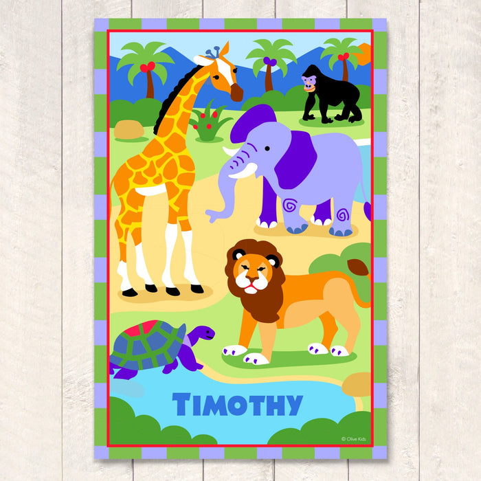 Safari Jungle Animals Personalized Kids Wall Art Print 12" x 18" Elephant Lion Giraffe