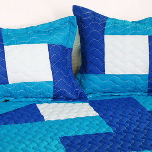 Blue White Modern Patchwork Bedding Teen Boy or Girl Full/Queen Quilt Set Oversized Bedspread