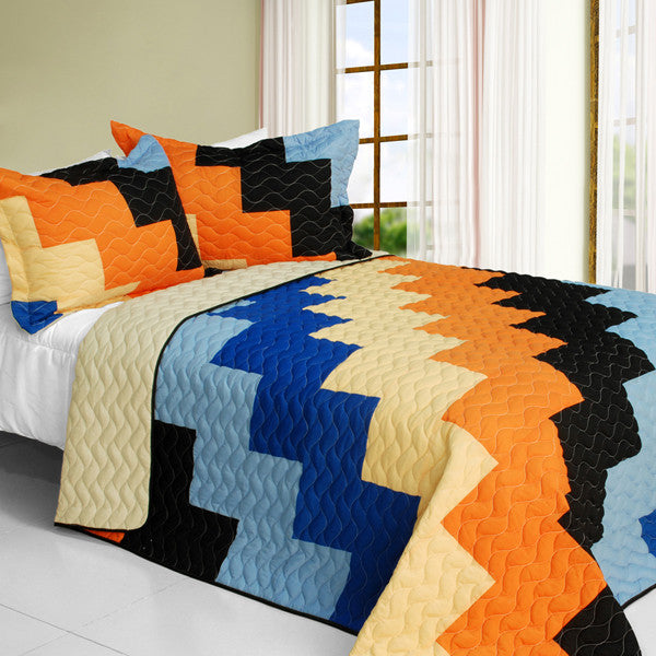 Blue Orange Black & Tan Geometric Teen Bedding Full/Queen Quilt Set Patchwork Modern Bedspread