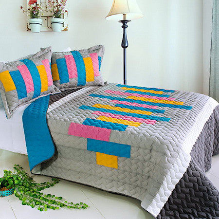 Pink Blue Grey Striped Teen Girl Bedding Full/Queen Quilt Set Modern Geometric Bedspread
