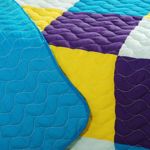 Blue Purple Yellow Patchwork Teen Boy Girl Bedding Full/Queen Modern Colorblock Quilt Set - Detail