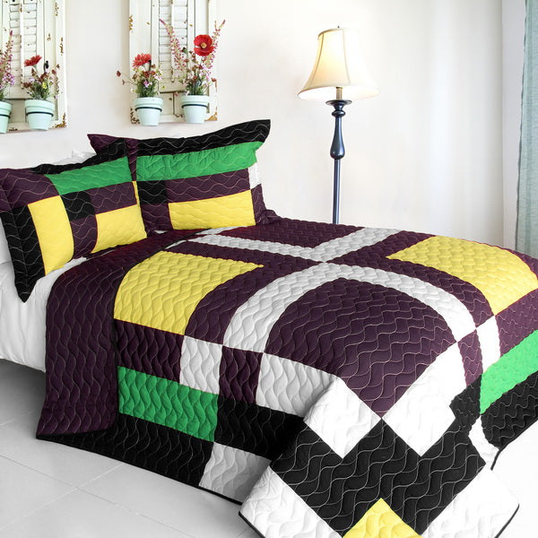 Purple Yellow White Green Black Patchwork Teen Bedding Full/Queen Quilt Set Geometric Bedspread