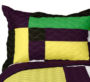Black White Green Patchwork Teen Bedding Full/Queen Quilt Set - Pillow Sham
