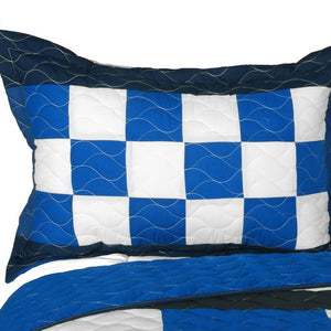 Checkered Blue White Navy Bedding Full/Queen Quilt Set - Pillow Sham