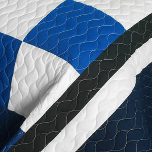 Checkered Blue White Navy Bedding Full/Queen Quilt Set - Detail