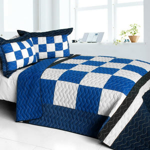 Checkered Blue White Navy Bedding Full/Queen Quilt Set