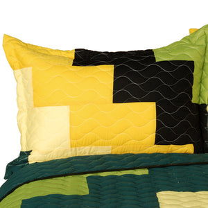 Black Green Yellow Patchwork Teen Boy Bedding Full/Queen Quilt Set - Pillow Sham