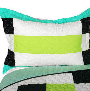 White Navy Green Geometric Pixel Teen Boy Bedding Full/Queen Quilt Set - Pillow Sham