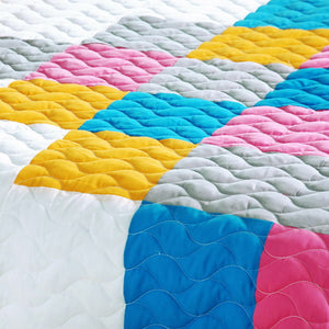 Hot Pink Blue White Modern Colorblock Teen Girl Bedding Full/Queen Quilt Set Geometric Bedspread