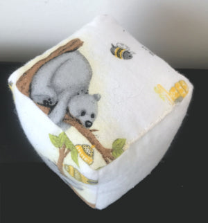 Honey Bear & Bee Plush Baby Block Toy 3" Soft Fleece Fabric Cube Hand-Made