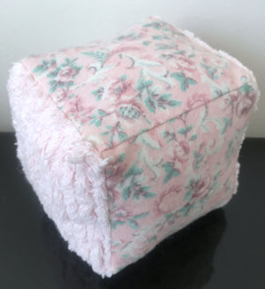 Pink Chenille & Floral Fabric Baby Girl Toy Block 4" Hand-Made Cube