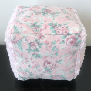 Pink Chenille & Floral Fabric Baby Girl Toy Block 4" Hand-Made Cube