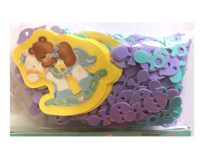 Baby Shower Party Confetti Bear on Rocking Horse Baby Rattles, Pacifiers Teal Blue & Purple