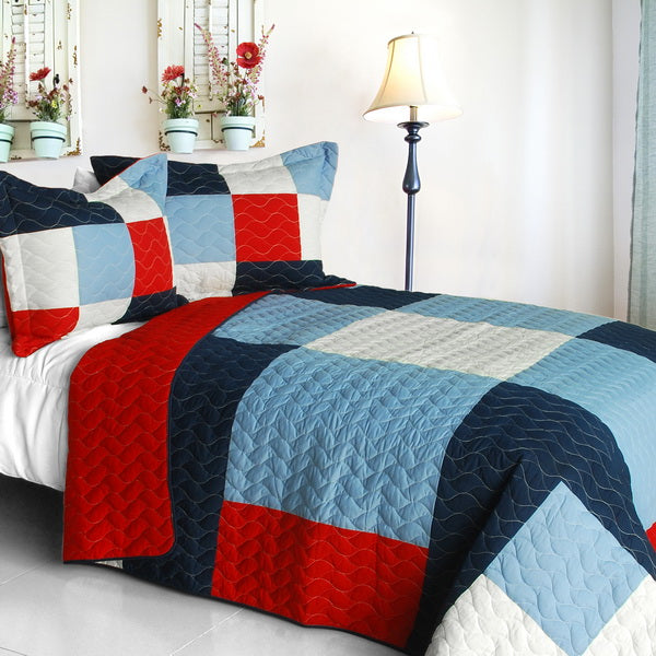 Red White Blue Navy Patriotic Patchwork Geometric Teen Boy Bedding Full/Queen Quilt Set