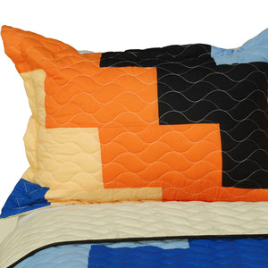 Blue Orange Black & Tan Geometric Teen Bedding Full/Queen Quilt Set - Pillow Sham