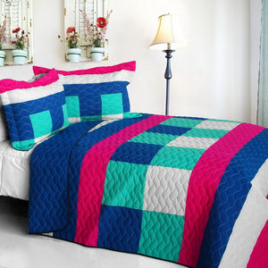Blue White Hot Pink Teen Girl Bedding Full/Queen Geometric Quilt Set Bedspread