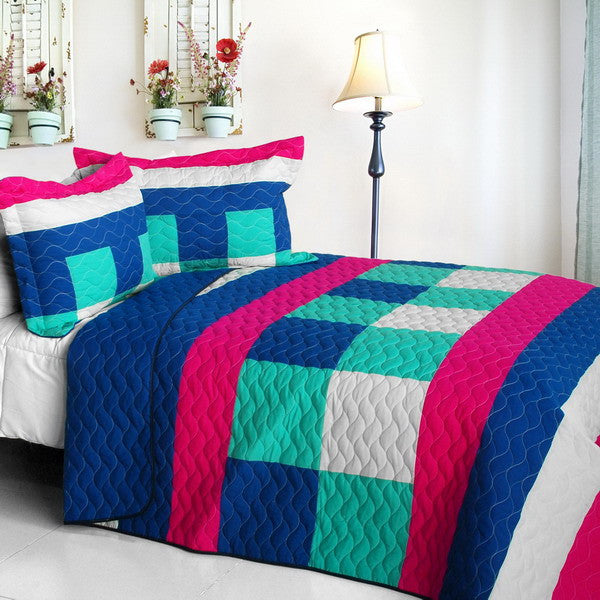 Blue Hot Pink White & Turquoise Geometric Teen Bedding Full/Queen Quilt Set Modern Bedspread