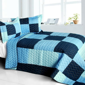 Blue & Navy Patchwork Teen Boy Bedding Full/Queen Quilt Set Modern Checkered Bedspread