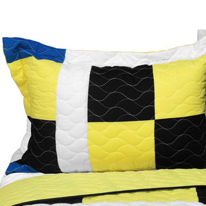 Yellow Black White & Blue Checkered Teen Boy Bedding Full/Queen Quilt Set Modern Oversized Bedspread