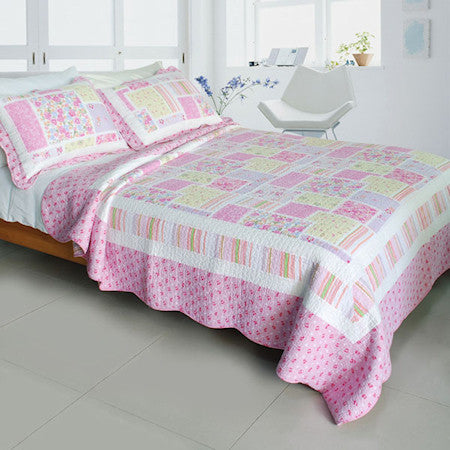 Floral Pink Rose Print Girl Bedding Full/Queen Quilt Set Spring Patchwork Cotton Bedspread